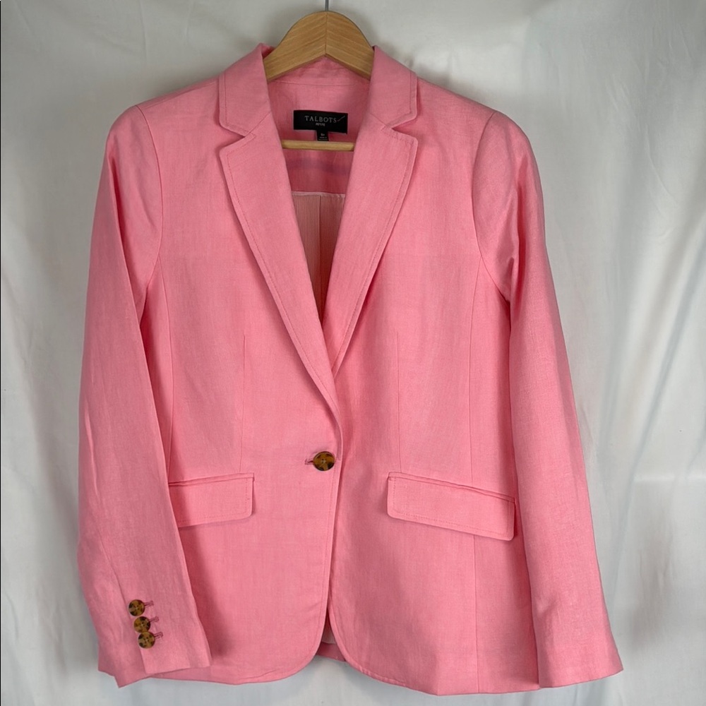 Talbots Pink Linen Single Button Blazer Jacket Lined Size 8P Pink